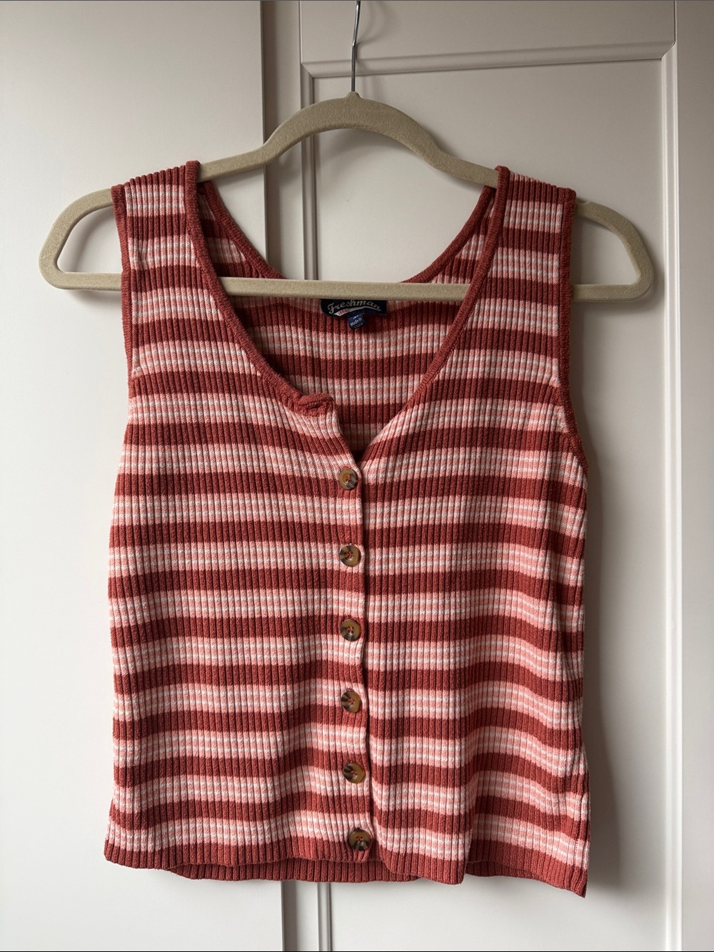 Striped Ribbed Button-Front Tank in Rust & Pink
